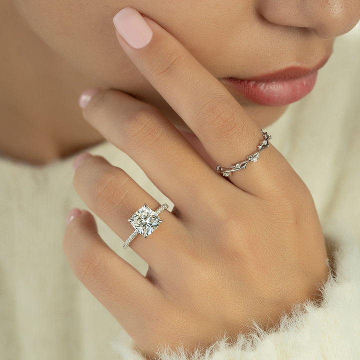 1.0 -3.0 CT Elongated Cushion  Lab Grown Diamond Hidden Halo & Pave Engagement Ring