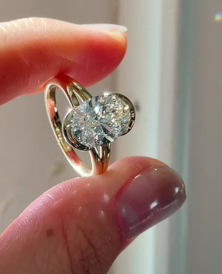 1.50 -2.50 CT Oval Cut Lab Grown Diamond Half Bezel Engagement Ring