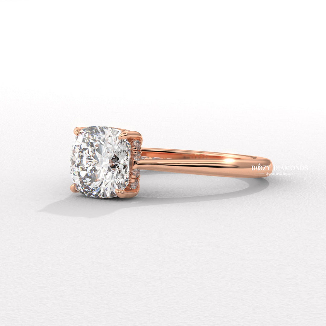 high profile engagement ring, luxury cushion ring, vintage engagement ring, vintage style ring, modern solitaire ring, classic solitaire ring, solitaire bridal ring, micro pave diamond ring,