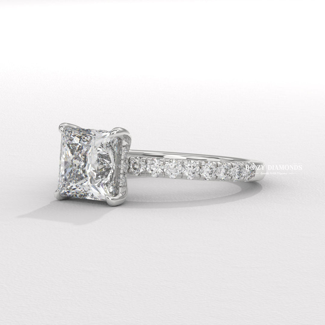 Princess Diamond Ring, Lab Grown Diamond Engagement Ring, Hidden Halo Ring