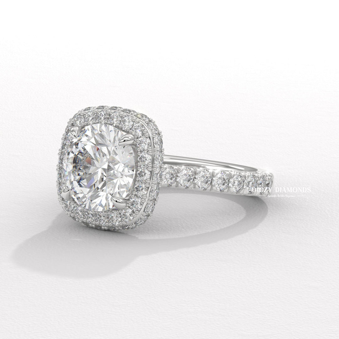Round Cut Three Sided Halo Set Lab Grown Diamond Engagement Ring