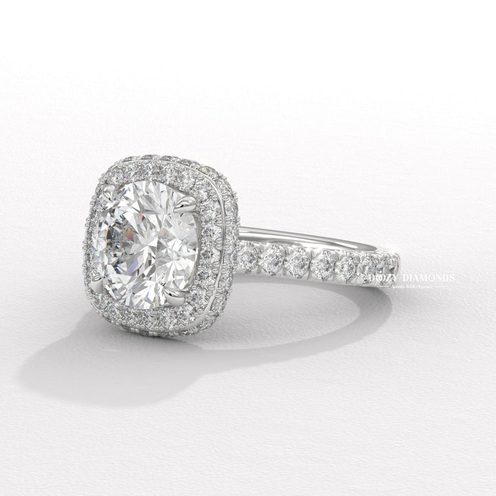 Round Cut Three Sided Halo Set Lab Grown Diamond Engagement Ring