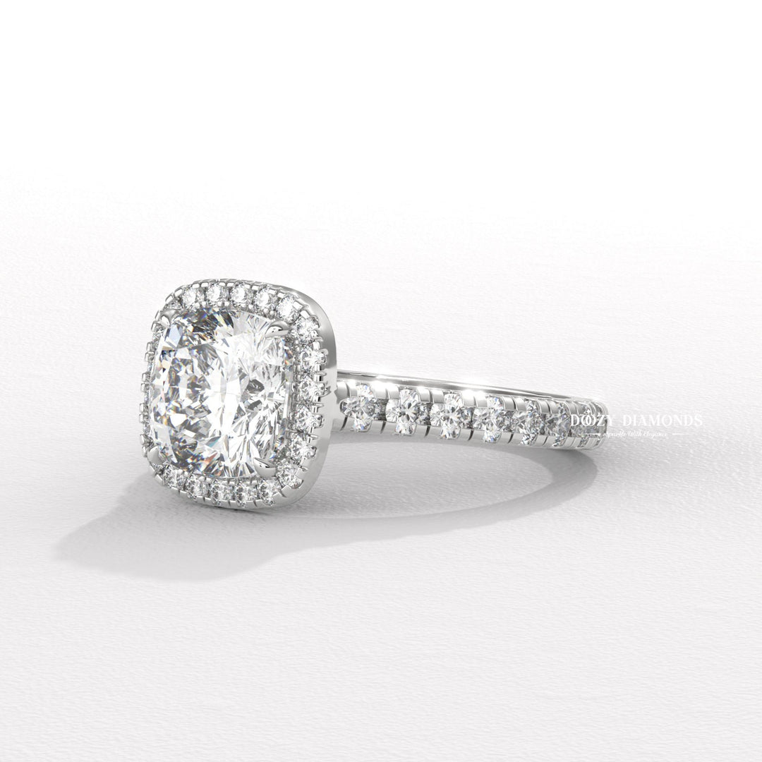 Elongated Cushion Cut Lab Created Diamond Halo Engagement Ring