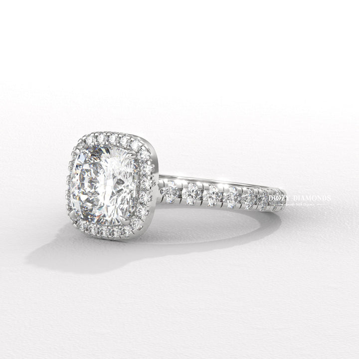 Elongated Cushion Cut Lab Created Diamond Halo Engagement Ring