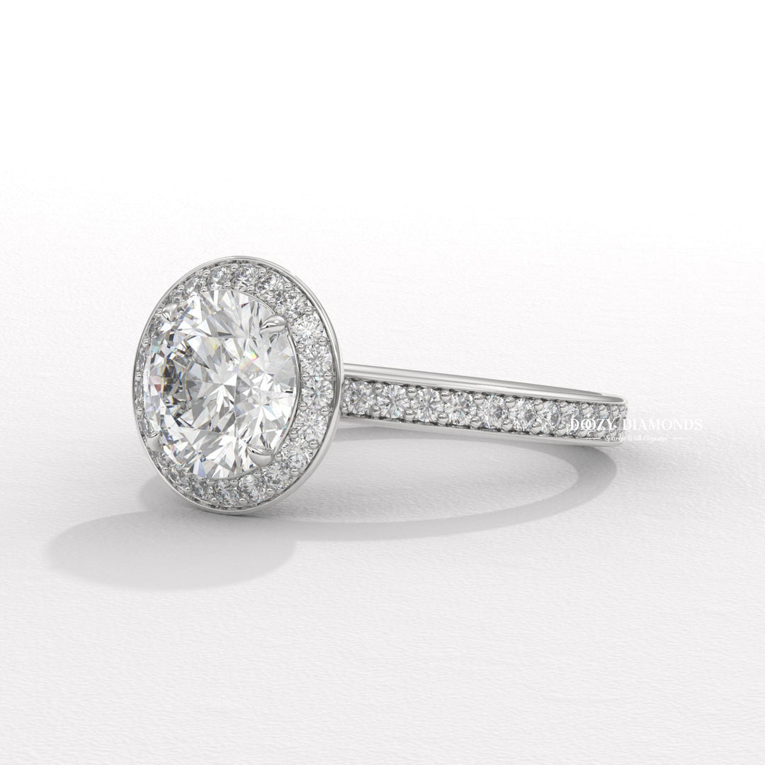 designer bridal jewelry, statement bridal ring, glamorous halo ring, round halo engagement ring for women, lab grown diamond halo ring, luxury proposal jewelry, wedding jewelry for women,