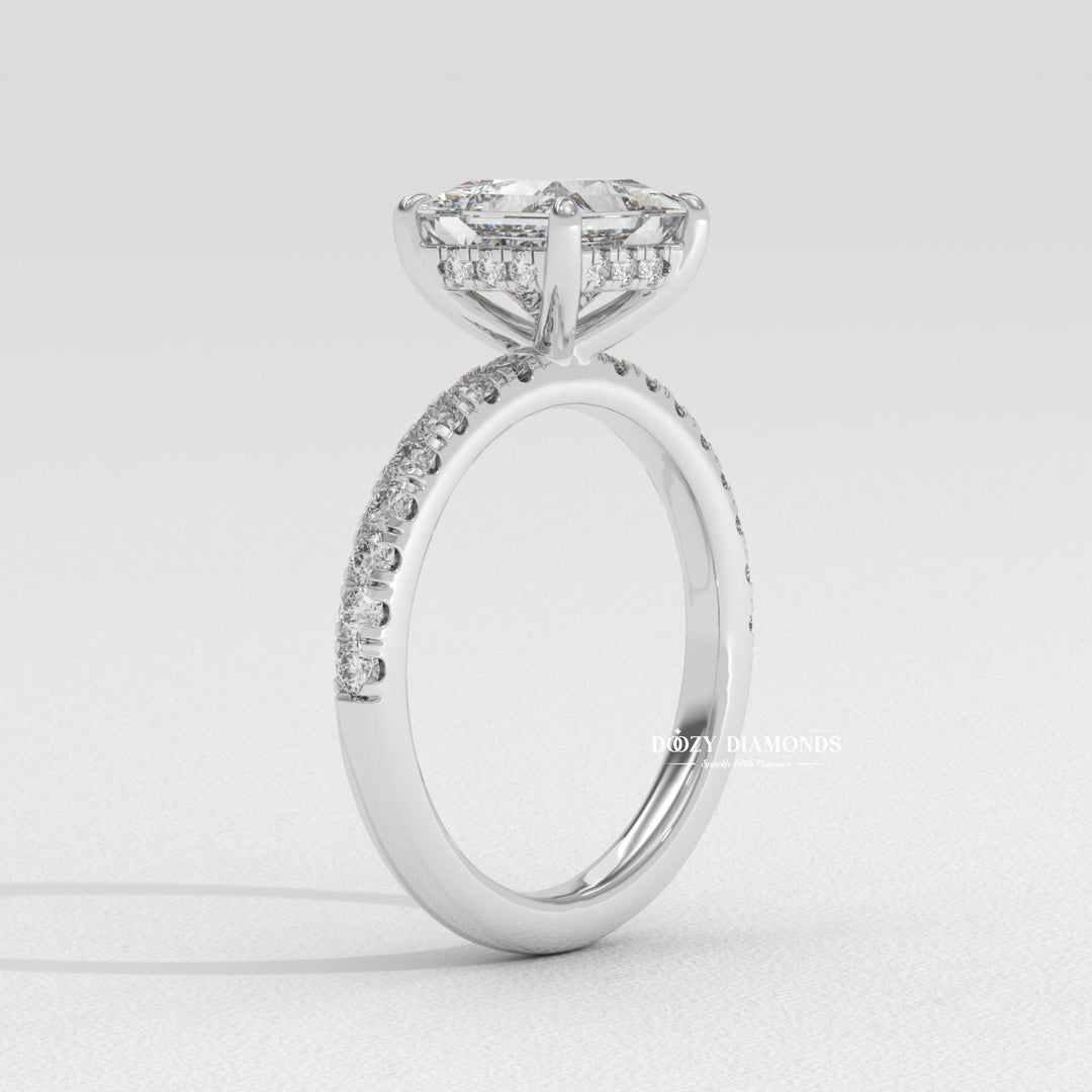 Princess Diamond Ring, Lab Grown Diamond Engagement Ring, Hidden Halo Ring