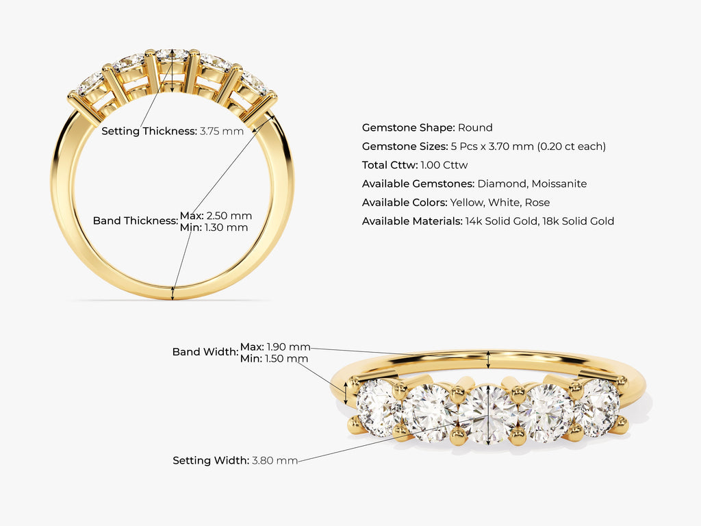1.0CT Round Cut Classic Five Stone CVD EF/VVS Diamond Wedding Band For Women