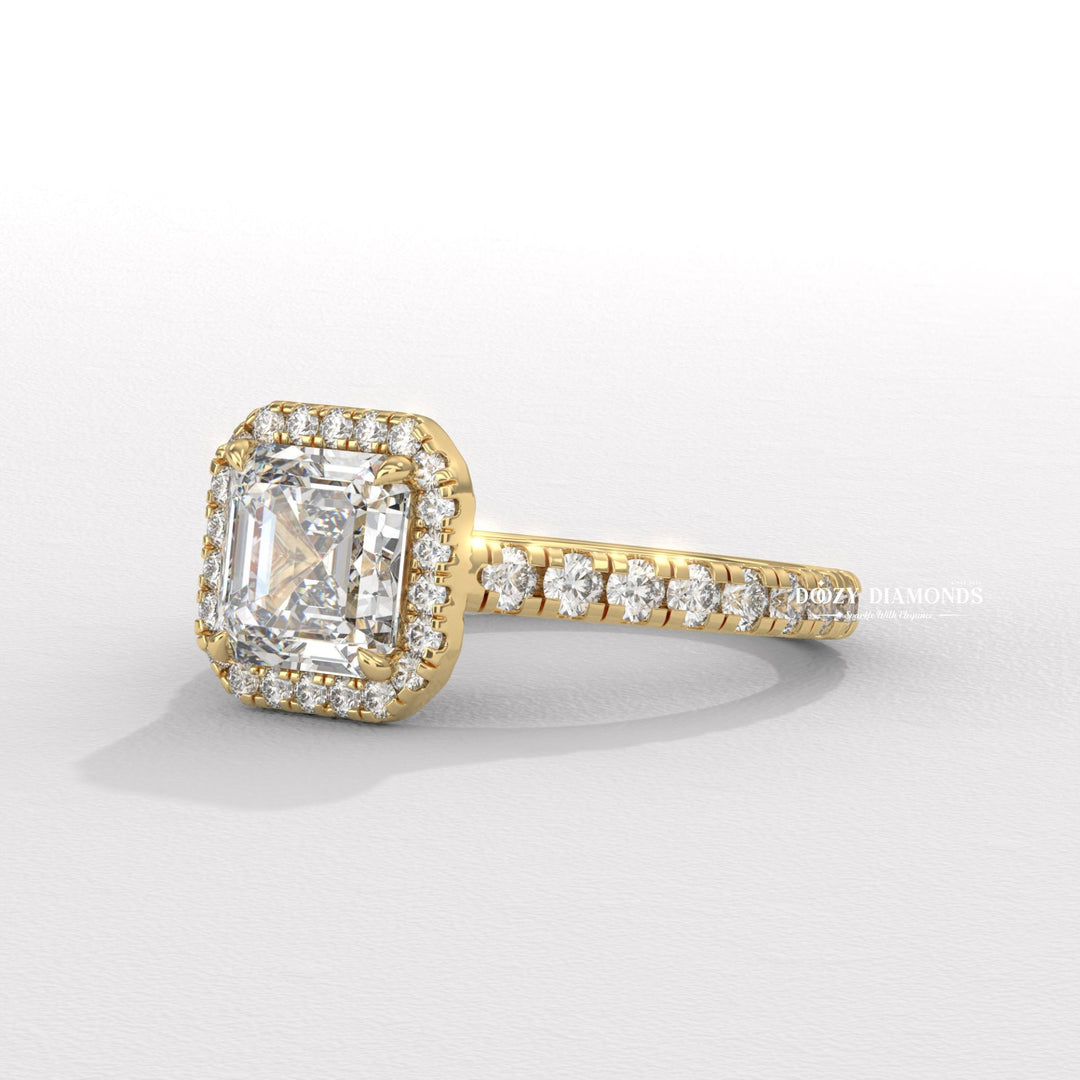 Diamond halo ring
Pave set ring
Asscher cut engagement ring
Halo setting ring