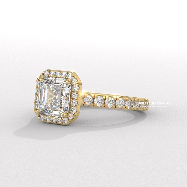 Diamond halo ring
Pave set ring
Asscher cut engagement ring
Halo setting ring