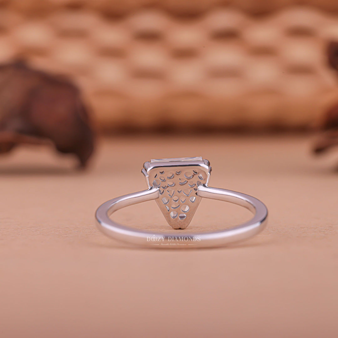 Best shield cut diamond ring designs, Shield cut engagement ring with halo, Designer shield cut diamond ring, Shield cut ring with side stones, 