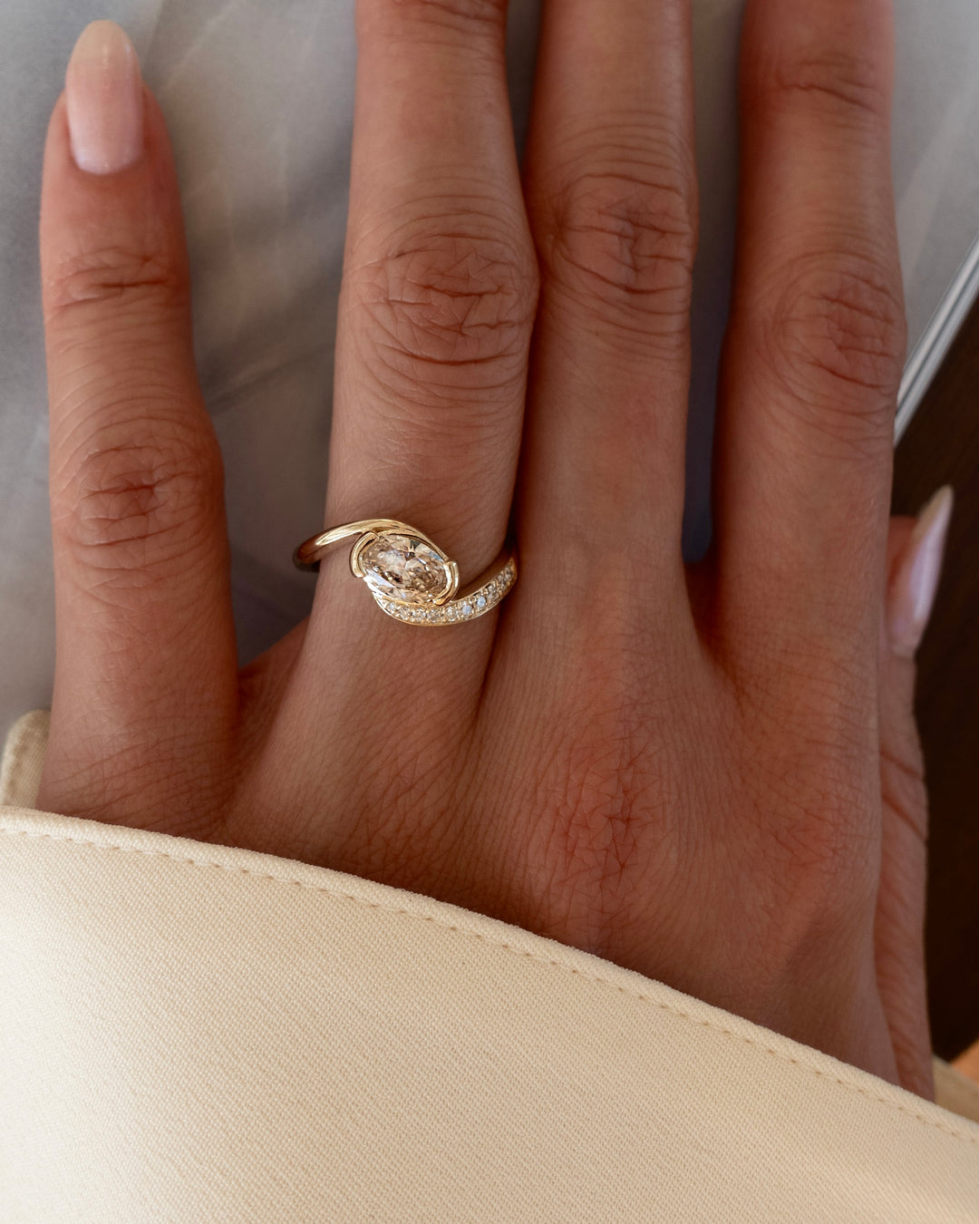 1.0CT-2.0CT Champagne Oval Cut Lab Grown Diamond Pave Engagement Ring