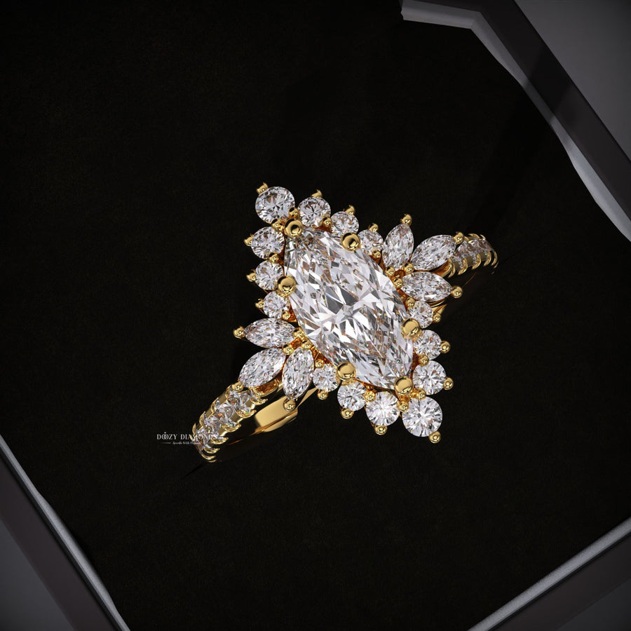 Marquise Lab Diamond
Cluster Engagement Ring
Yellow Gold Ring
Marquise Cut Diamond
