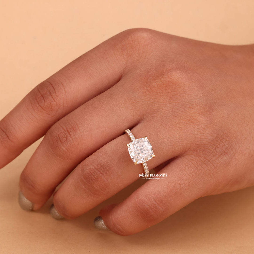Cushion three-stone engagement ring, Cushion side stone engagement ring, Cushion cathedral engagement ring, Cushion bezel engagement ring, Cushion tension set