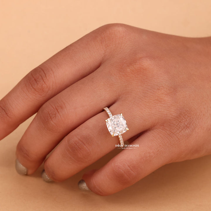 Cushion three-stone engagement ring, Cushion side stone engagement ring, Cushion cathedral engagement ring, Cushion bezel engagement ring, Cushion tension set