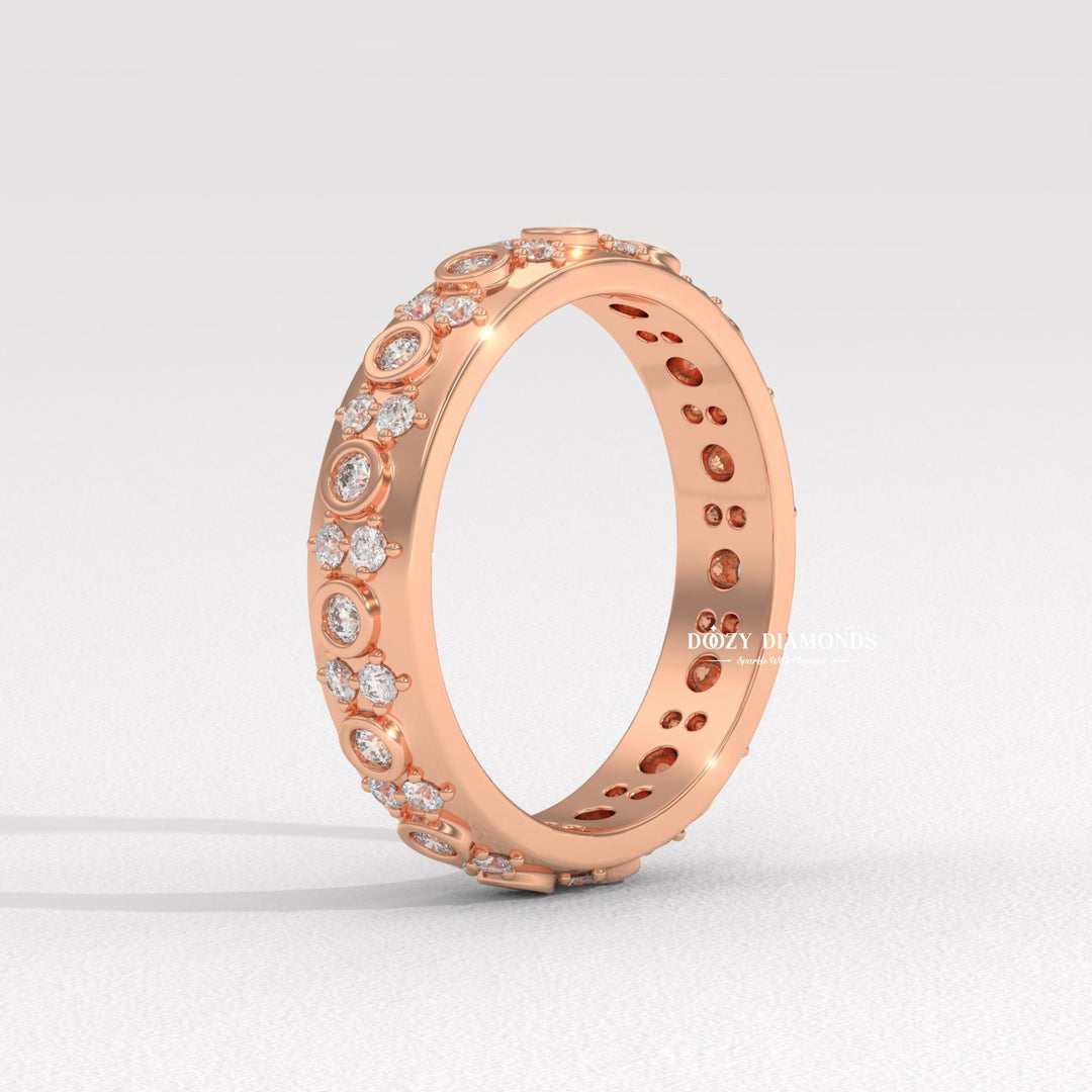 Contemporary wedding ring
Dainty bezel diamond band
Matte finish diamond ring
Polished flush set band