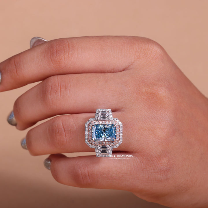 1.50CT-2.50CT Cyan Blue Radiant F/VS1 Diamond Double Halo Unique Engagement Ring