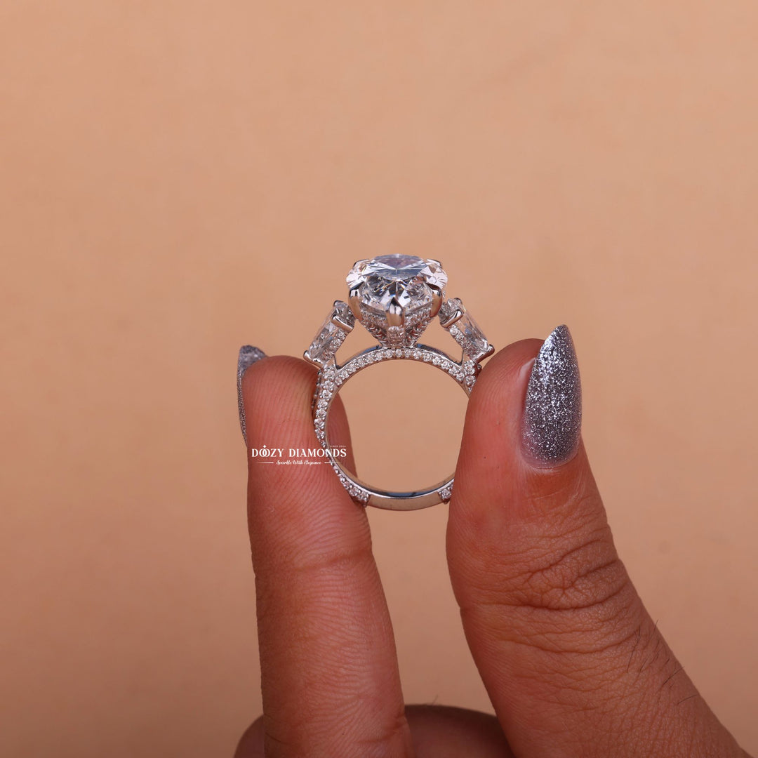 4.0ct-6.0CT Pear E/F Color Diamond Lab Grown Three Stone Engagement Ring