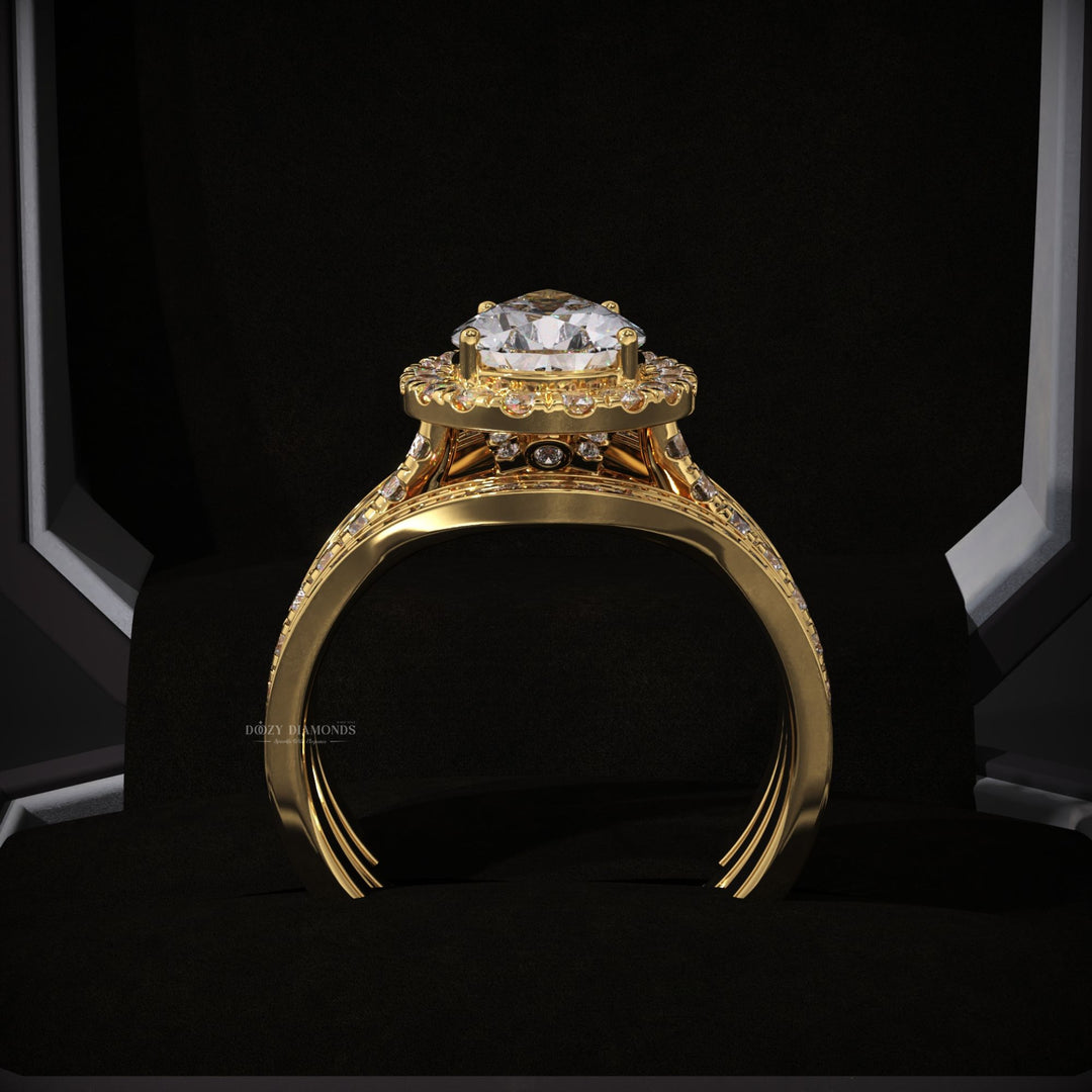Pear Halo Lab Grown Engagement Ring - Double Wedding Band - Tripple Ring