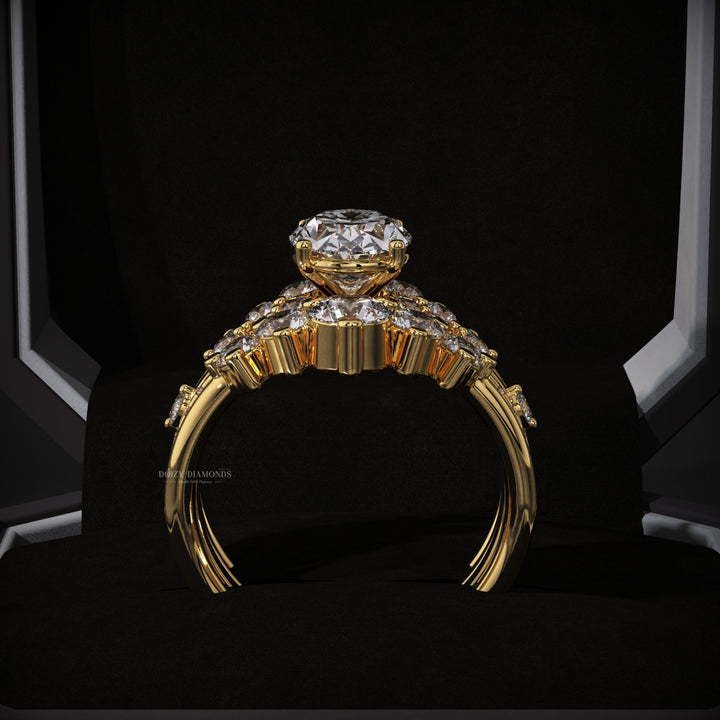 Oval Lab Grown Pave Engagement Ring & Three Curved Wedding Band