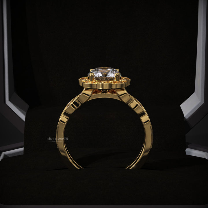 Round Lab Grown Flower Engagement Ring - Vintage Wedding Band Set