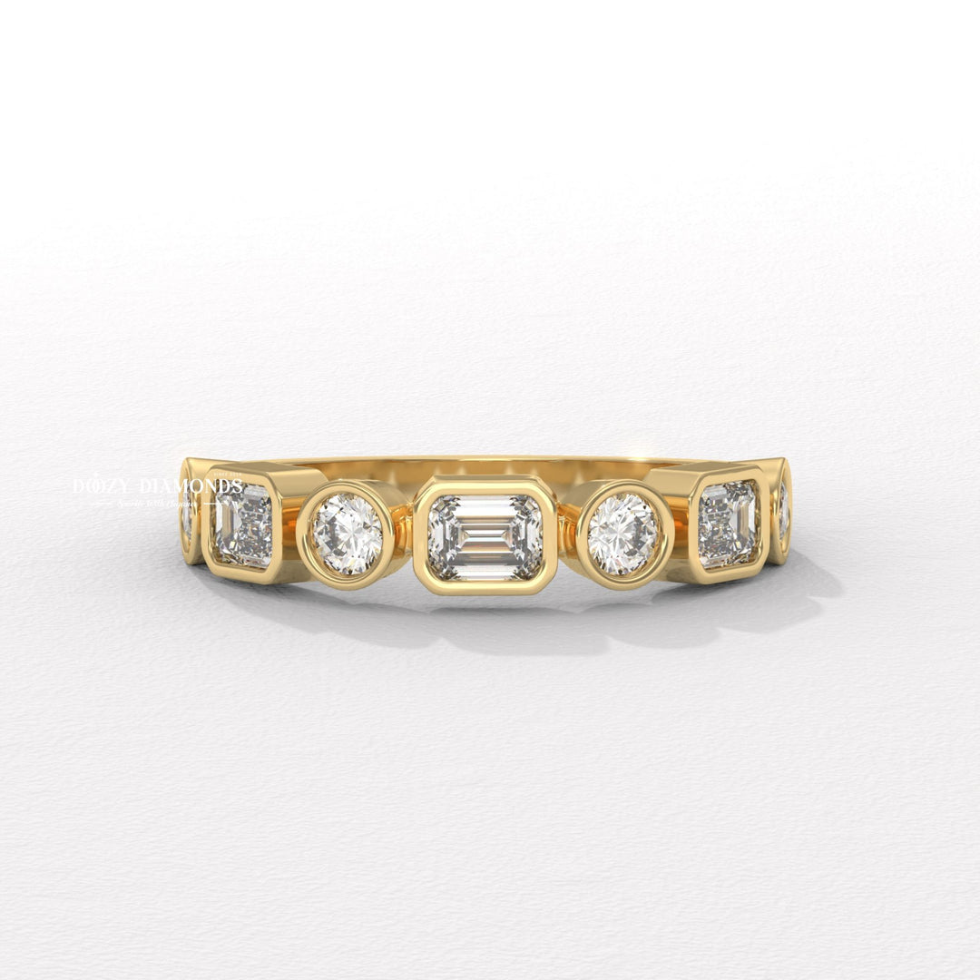 Round & Emerald Lab Created Diamond Bezel Set Wedding Band