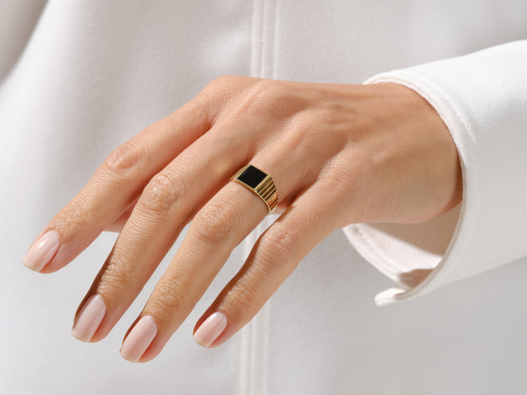 Square Black Signet Ring 14k Solid Gold For Women