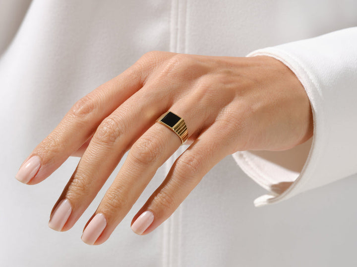 Square Black Signet Ring 14k Solid Gold For Women
