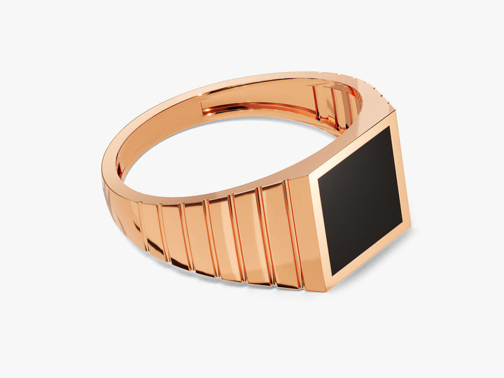Square Black Signet Ring 14k Solid Gold For Women
