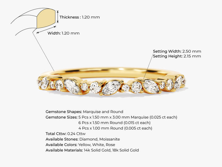 0.24CT Marquise & Round Cut Half Eternity CVD EF/VVS Diamond Wedding Band