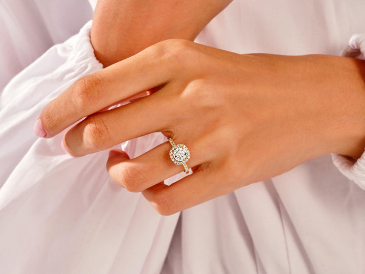1.0CT Round Halo Lab Grown Diamond Pave Engagement Ring For Women