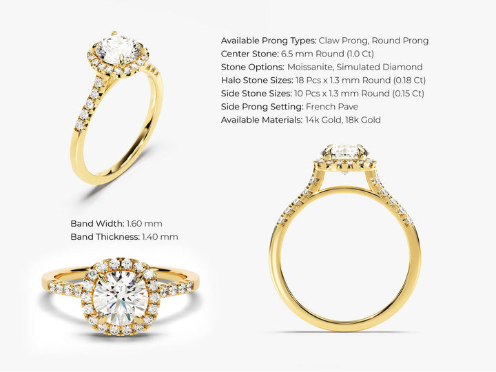 1.0CT Round Halo Lab Grown Diamond Pave Engagement Ring For Women