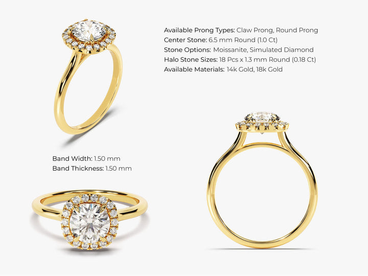 1.0CT Round Diamond Cushion Shaped Halo Lab Grown Diamond Engagement Ring For Her