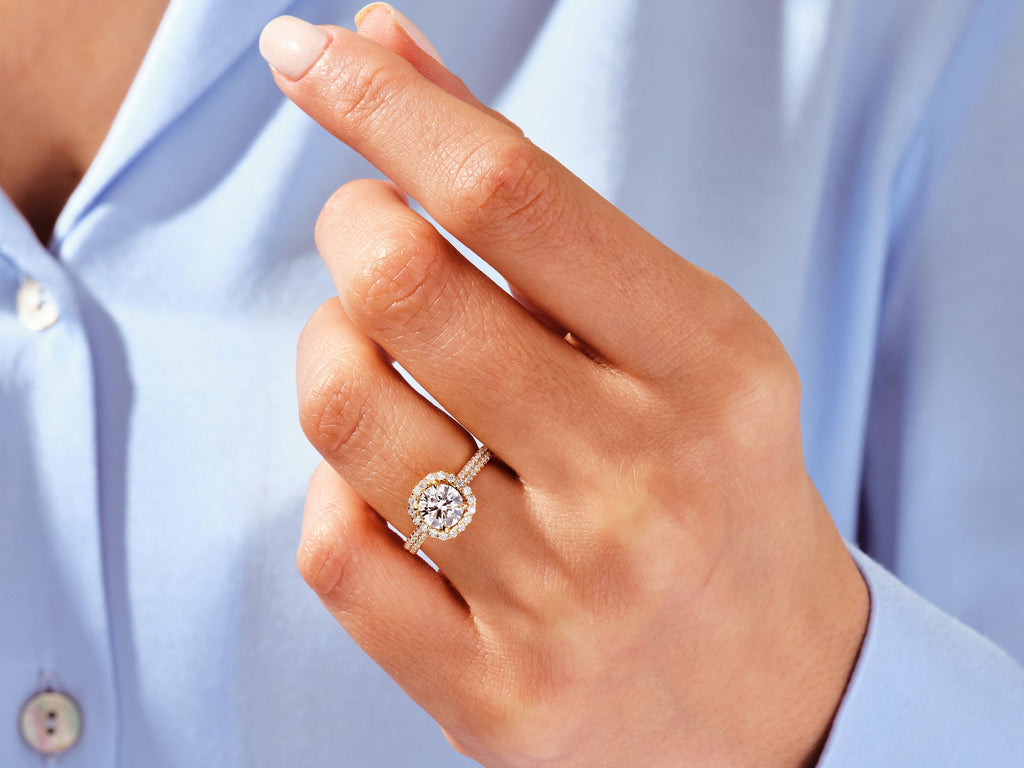 1.0CT Round Double Pave Shank Halo Lab Grown Diamond Engagement Ring For Women
