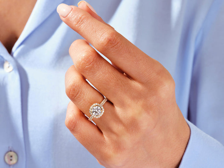 1.0CT Round Double Pave Shank Halo Lab Grown Diamond Engagement Ring For Women