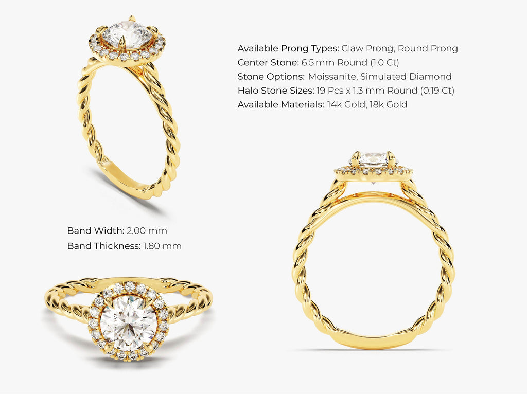 1.0CT Round Cut Halo Lab Grown Diamond Braided Engagement Ring For Her