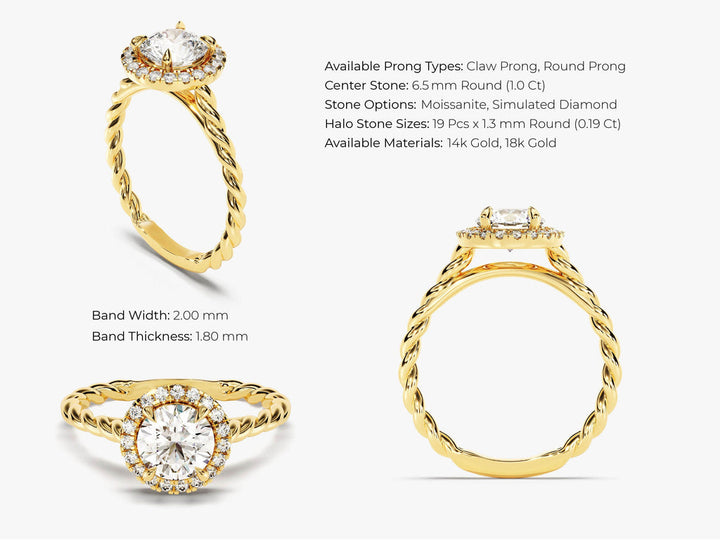 1.0CT Round Cut Halo Lab Grown Diamond Braided Engagement Ring For Her