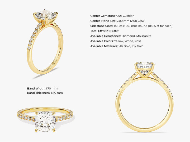 2.0CT Cushion Lab Grown Diamond Pave Engagement Ring For Women