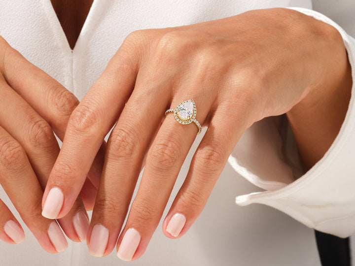 2.0CT Pear Cut Halo Lab Grown Diamond Pave Engagement Ring For Her