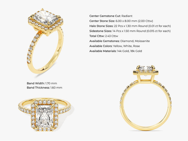 2.0CT Radiant Cut Pave Lab Grown Diamond Halo Engagement Ring For Women