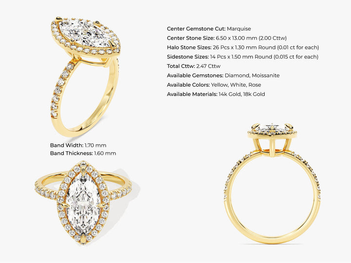 2.0CT Marquise Cut Halo Diamond Lab Grown Pave Engagement Ring For Her