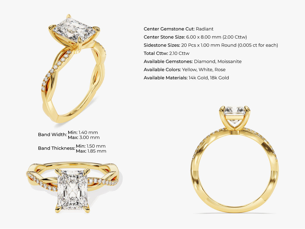 2.0CT Radiant Twisted Lab Grown Diamond Pave Engagement Ring For Women