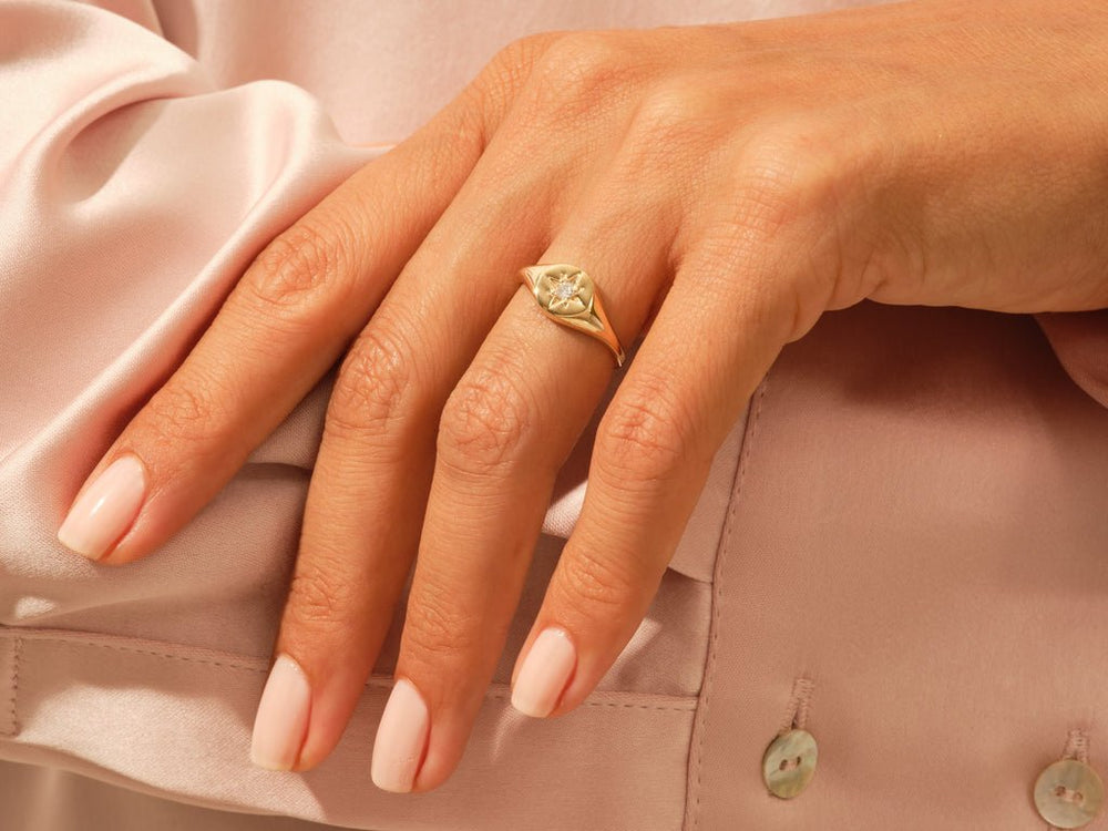 14k Solid Gold Diamond Star Signet Ring - Doozy Diamonds