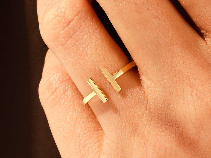 14k Solid Gold Open T Ring For Women