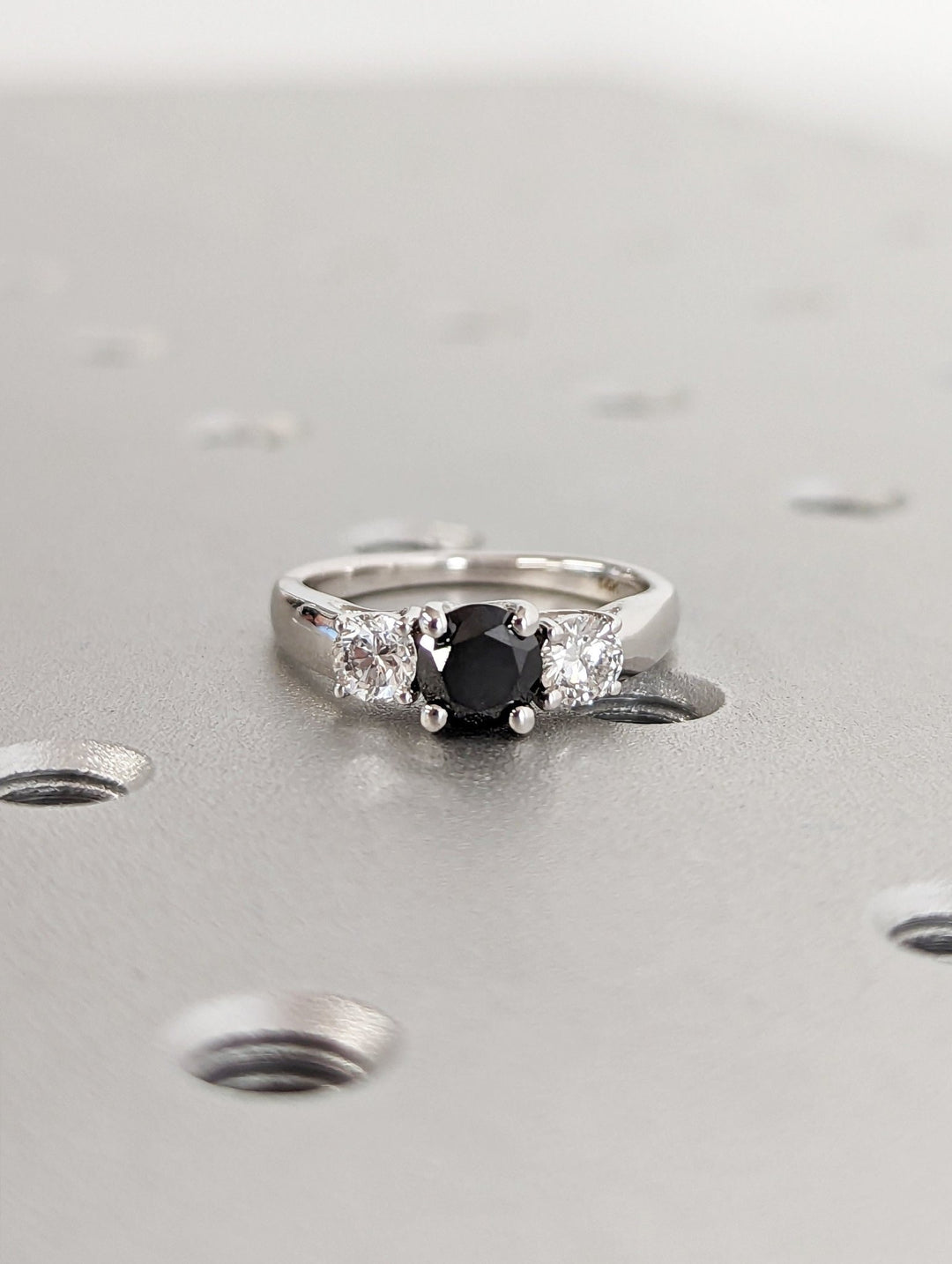 1.0CT black round center stone lab grown three stone diamond engagement ring