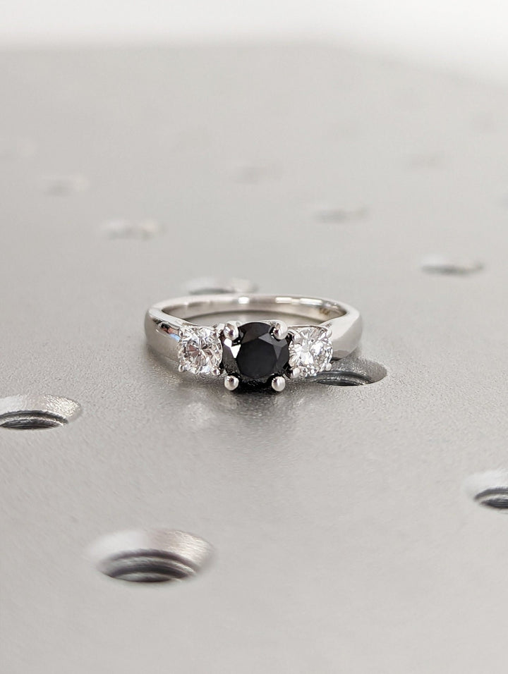 1.0CT black round center stone lab grown three stone diamond engagement ring