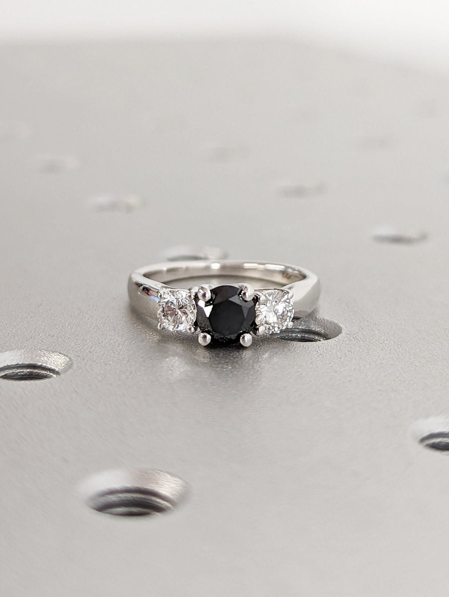 1.0CT black round center stone lab grown three stone diamond engagement ring