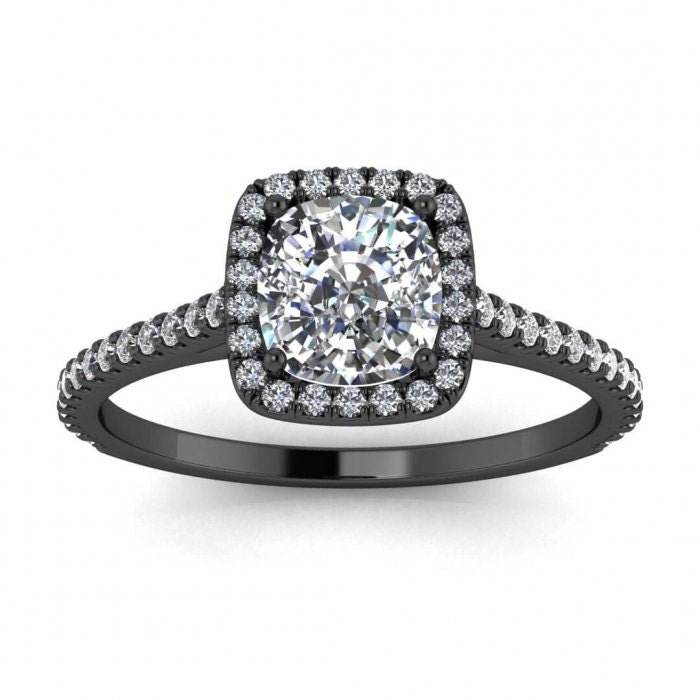 Lab grown diamond engagement ring with halo and pave band