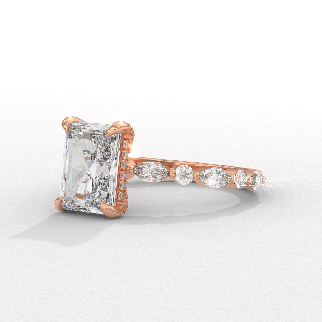 Marquise shaped pavé band
Elongated radiant cut diamond ring
Unique marquise pavé setting