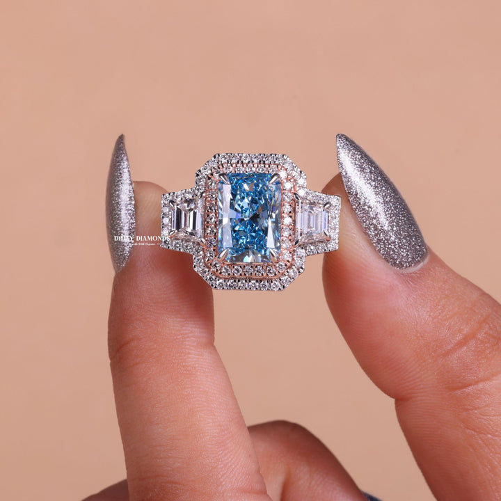 1.50CT-2.50CT Cyan Blue Radiant F/VS1 Diamond Double Halo Unique Engagement Ring