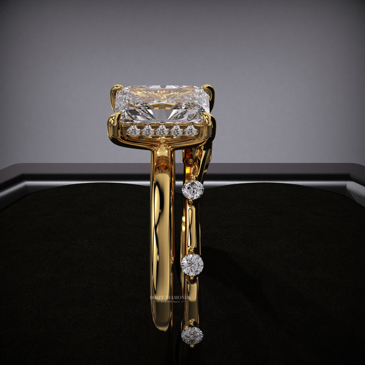 Radiant Lab Grown Diamond Hidden Halo Engagement Ring With Distance Pave Band